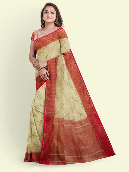 Faishana Presents Beige Abstarct Pattern With Pink Border And Pink Blouse Banarasi Saree