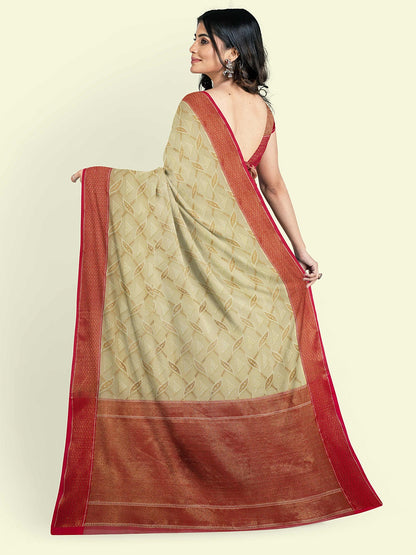 Faishana Presents Beige Abstarct Pattern With Pink Border And Pink Blouse Banarasi Saree