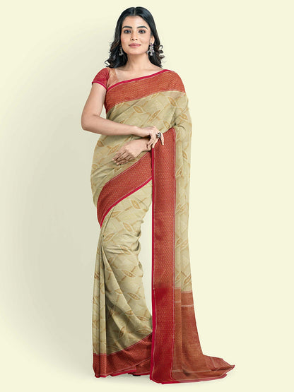 Faishana Presents Beige Abstarct Pattern With Pink Border And Pink Blouse Banarasi Saree