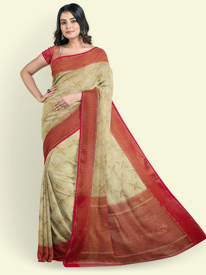 Faishana Presents Beige Abstarct Pattern With Pink Border And Pink Blouse Banarasi Saree