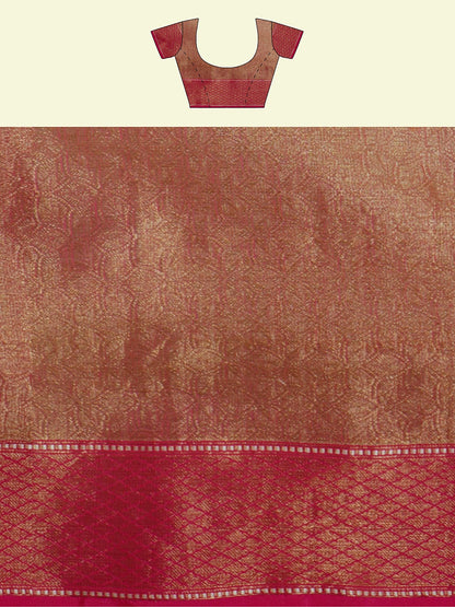 Faishana Presents Beige Abstarct Pattern With Pink Border And Pink Blouse Banarasi Saree