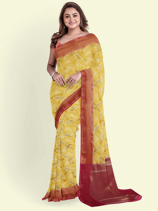 Faishana Presents Yellow Abstarct Huge Square Pattern Pink Meena With Pink Border And Pink Blouse Banarasi Saree