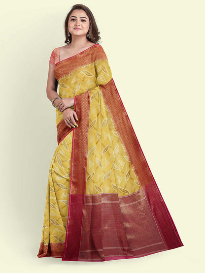 Faishana Presents Yellow Abstarct Huge Square Pattern Pink Meena With Pink Border And Pink Blouse Banarasi Saree