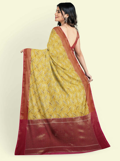 Faishana Presents Yellow Abstarct Huge Square Pattern Pink Meena With Pink Border And Pink Blouse Banarasi Saree