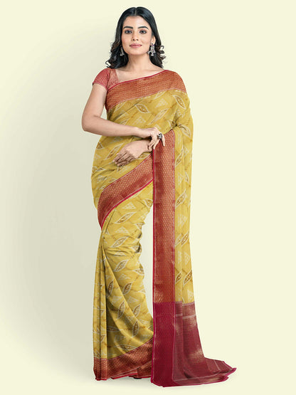 Faishana Presents Yellow Abstarct Huge Square Pattern Pink Meena With Pink Border And Pink Blouse Banarasi Saree
