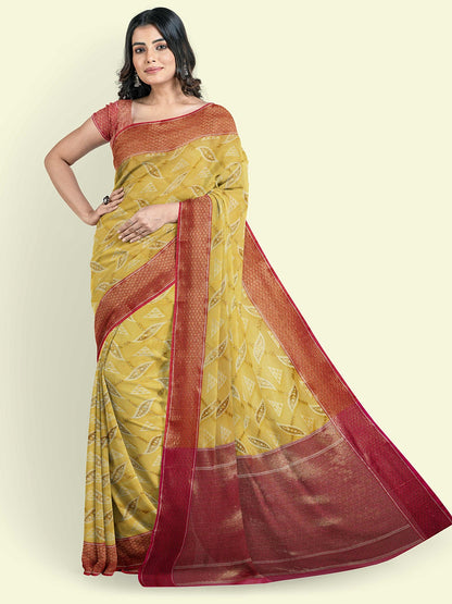 Faishana Presents Yellow Abstarct Huge Square Pattern Pink Meena With Pink Border And Pink Blouse Banarasi Saree