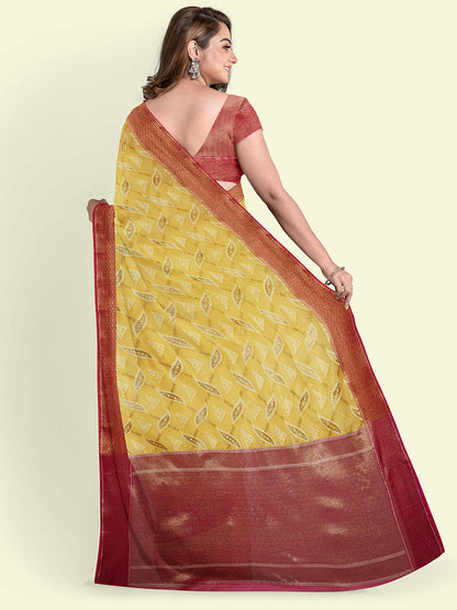 Faishana Presents Yellow Abstarct Huge Square Pattern Pink Meena With Pink Border And Pink Blouse Banarasi Saree