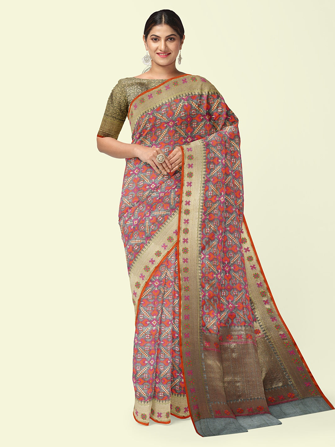 Faishana Presents Grey Kora Cotton Jaal Skirt Border With Grey Blouse Banarasi Saree