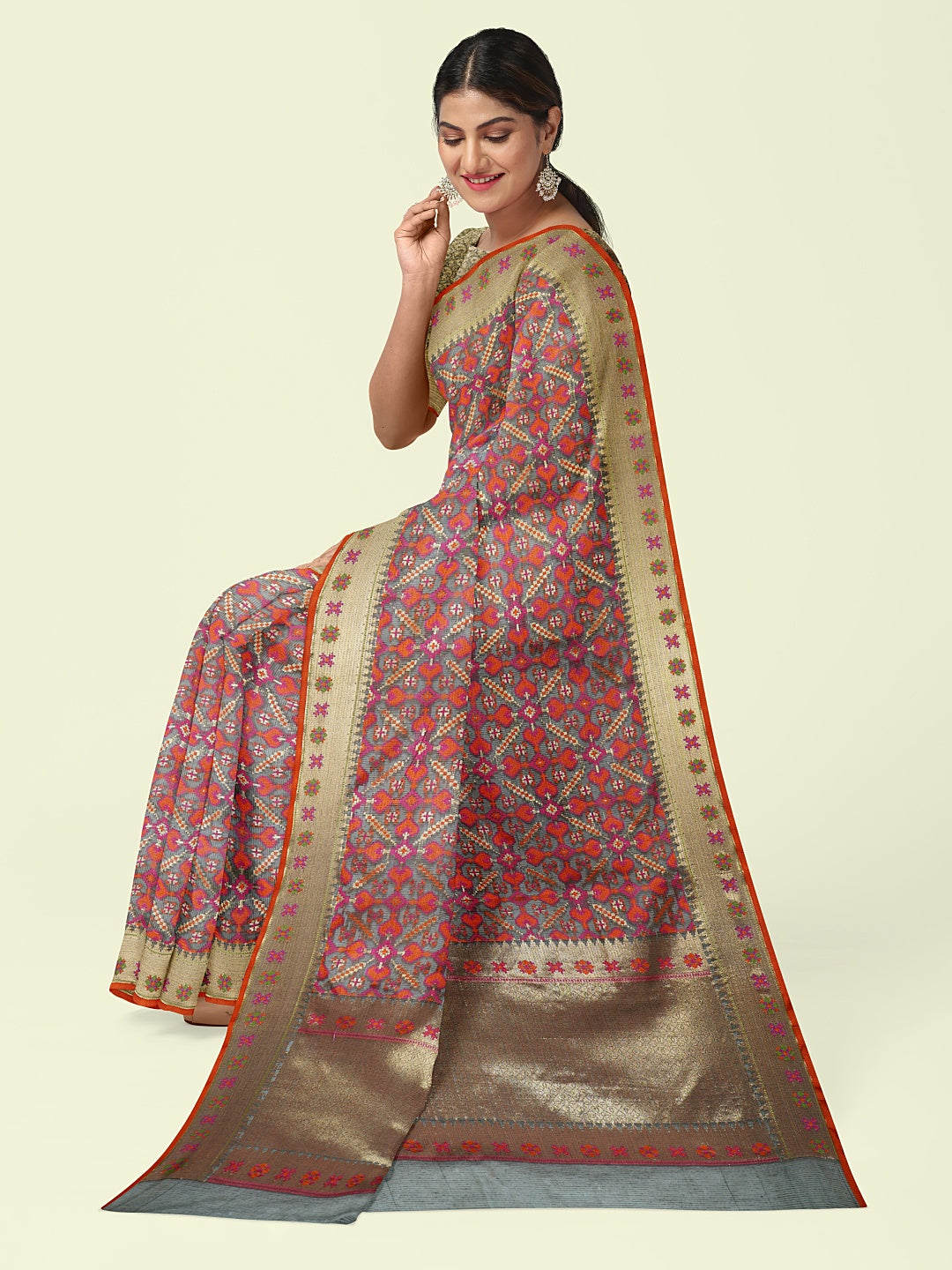 Faishana Presents Grey Kora Cotton Jaal Skirt Border With Grey Blouse Banarasi Saree