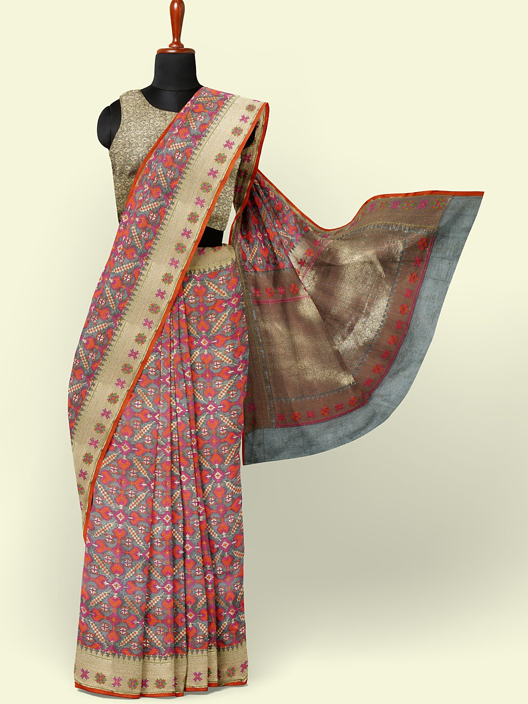 Faishana Presents Grey Kora Cotton Jaal Skirt Border With Grey Blouse Banarasi Saree