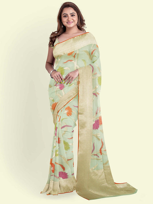 Faishana Presents Sea Green Cotton Jaal Skirt Border With Sea Green Blouse Banarasi Saree