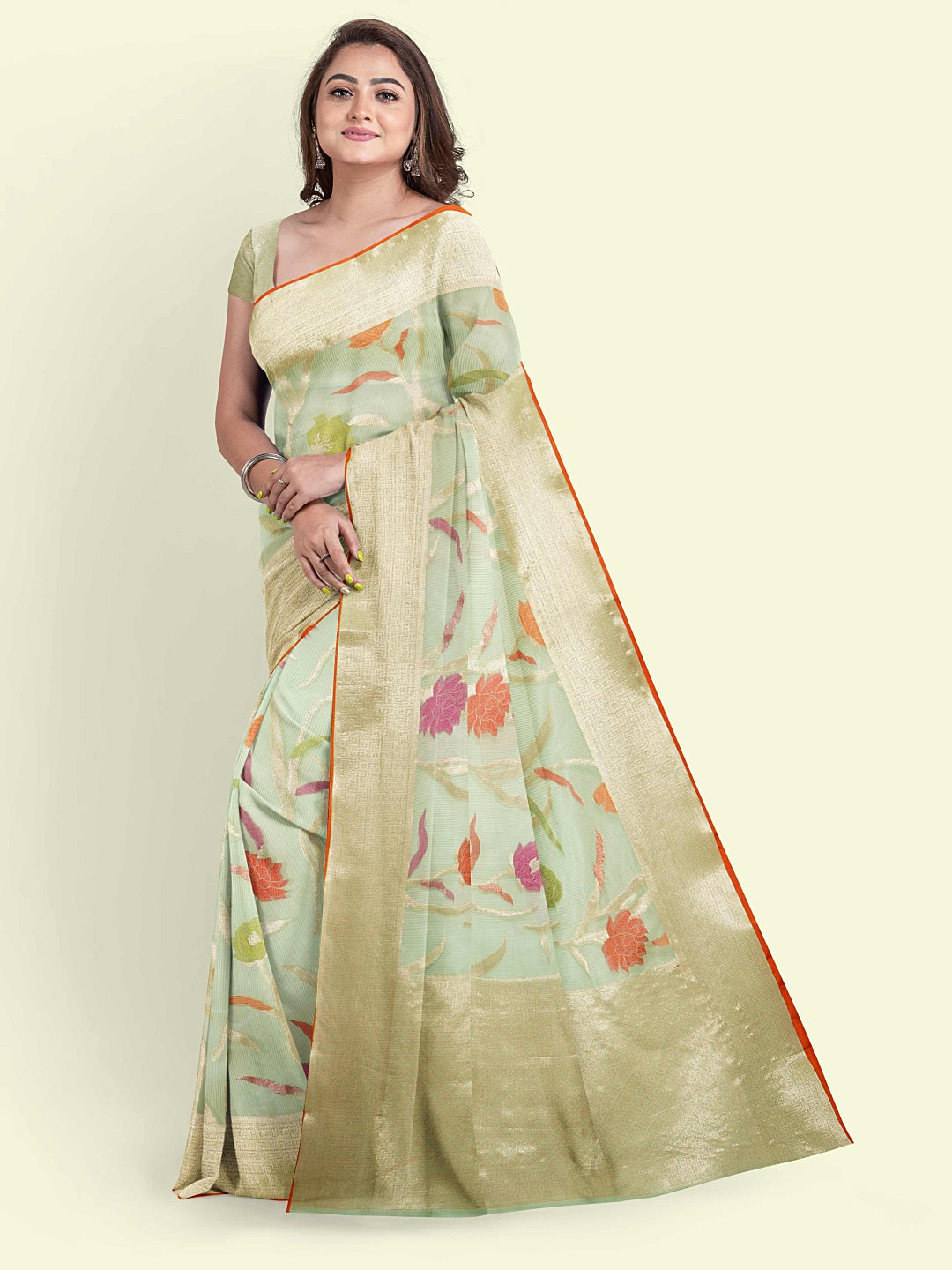 Faishana Presents Sea Green Cotton Jaal Skirt Border With Sea Green Blouse Banarasi Saree