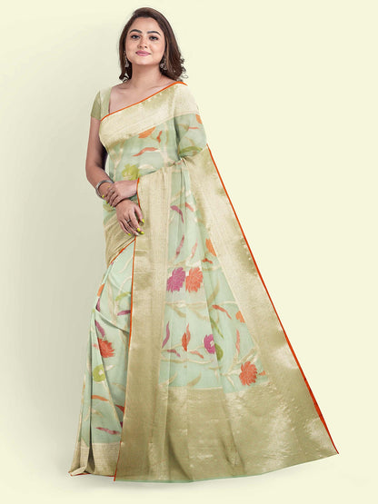 Faishana Presents Sea Green Cotton Jaal Skirt Border With Sea Green Blouse Banarasi Saree
