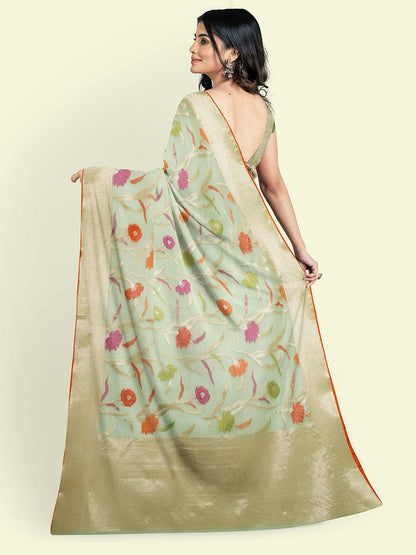 Faishana Presents Sea Green Cotton Jaal Skirt Border With Sea Green Blouse Banarasi Saree