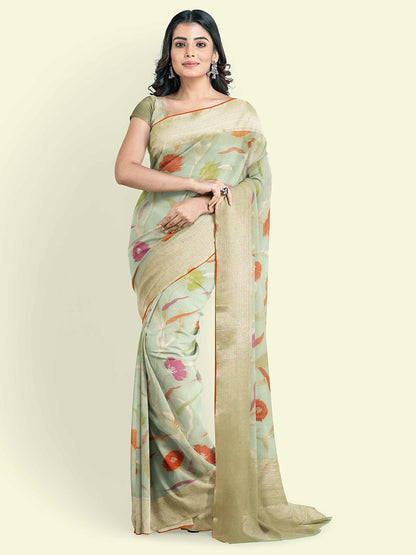 Faishana Presents Sea Green Cotton Jaal Skirt Border With Sea Green Blouse Banarasi Saree
