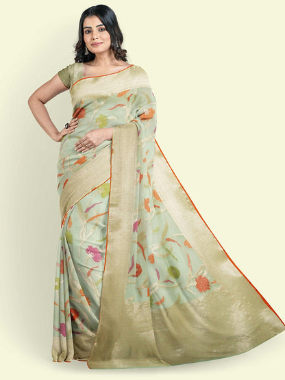 Faishana Presents Sea Green Cotton Jaal Skirt Border With Sea Green Blouse Banarasi Saree