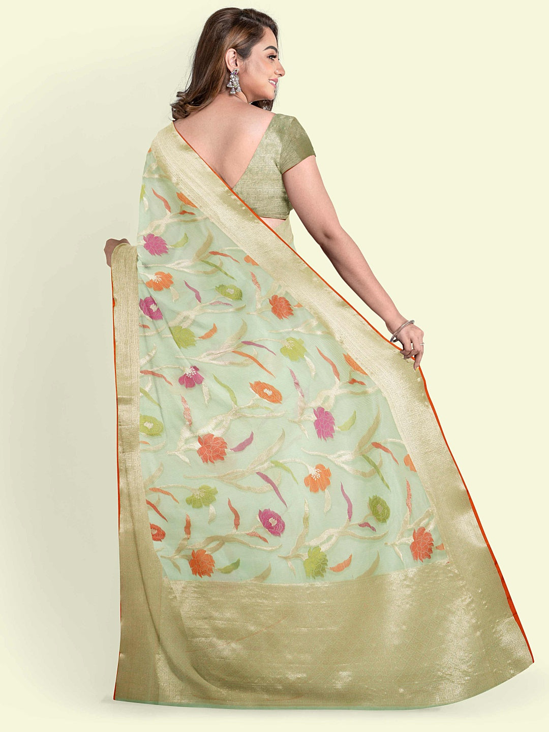 Faishana Presents Sea Green Cotton Jaal Skirt Border With Sea Green Blouse Banarasi Saree