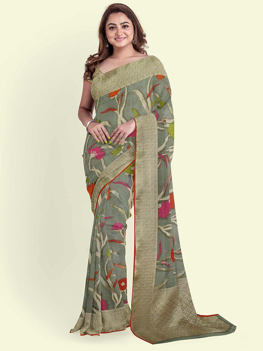 Faishana Presents Grey Cotton Jaal Skirt Border With Grey Blouse Banarasi Saree