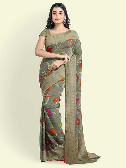 Faishana Presents Grey Cotton Jaal Skirt Border With Grey Blouse Banarasi Saree