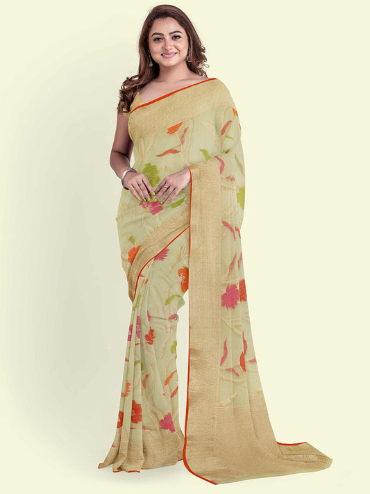 Faishana Presents Beige Kora Cotton Jaal Skirt Border With Beige Blouse Banarasi Saree