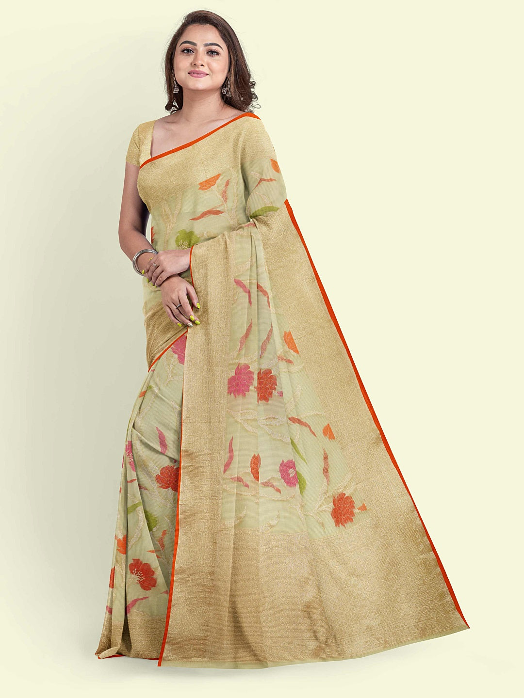 Faishana Presents Beige Kora Cotton Jaal Skirt Border With Beige Blouse Banarasi Saree