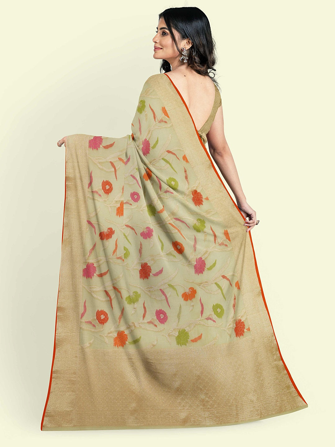 Faishana Presents Beige Kora Cotton Jaal Skirt Border With Beige Blouse Banarasi Saree