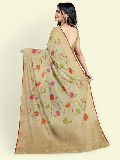Faishana Presents Beige Kora Cotton Jaal Skirt Border With Beige Blouse Banarasi Saree