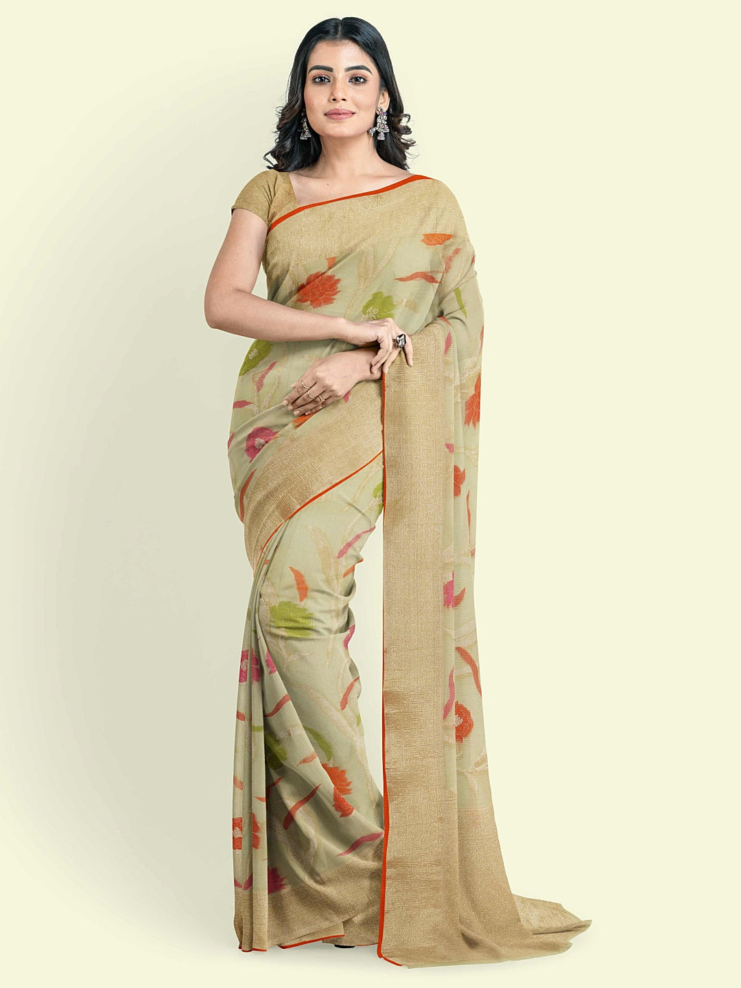 Faishana Presents Beige Kora Cotton Jaal Skirt Border With Beige Blouse Banarasi Saree