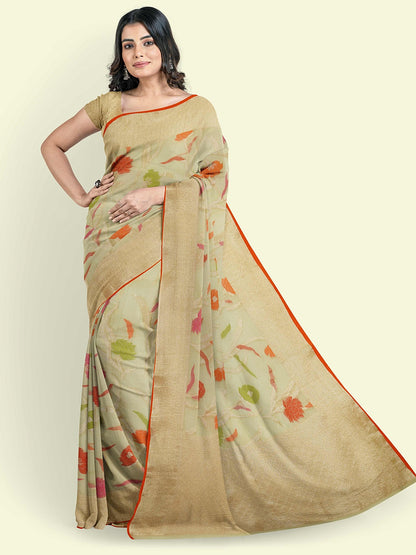 Faishana Presents Beige Kora Cotton Jaal Skirt Border With Beige Blouse Banarasi Saree