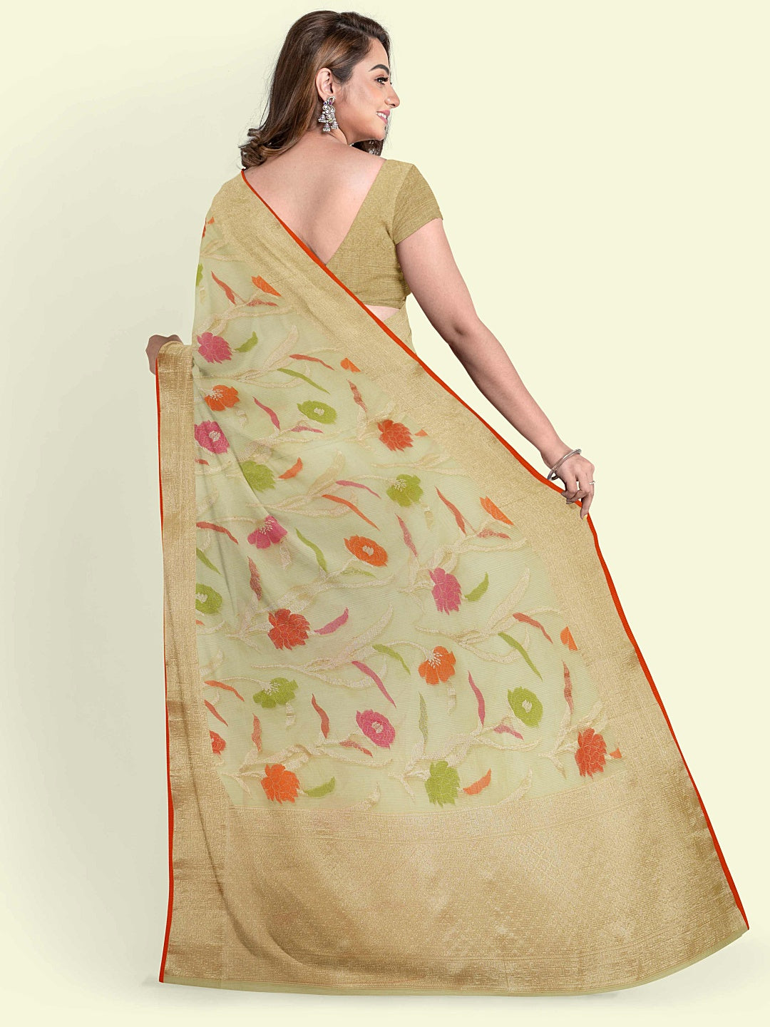 Faishana Presents Beige Kora Cotton Jaal Skirt Border With Beige Blouse Banarasi Saree