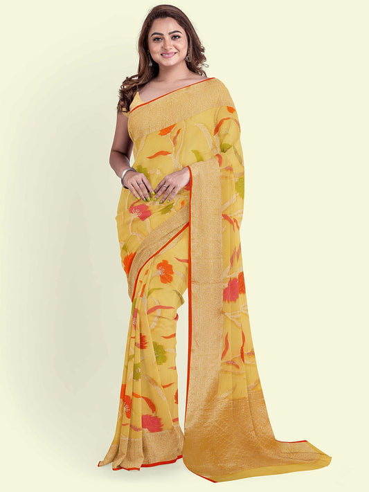 Faishana Presents Yellow Green Cotton Floral Booti Yellow Border With Yellow Blouse Banarasi Saree