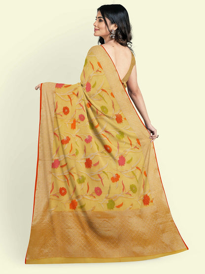 Yellow Cotton Blend Banarasi Sarees For Women GEASF_763