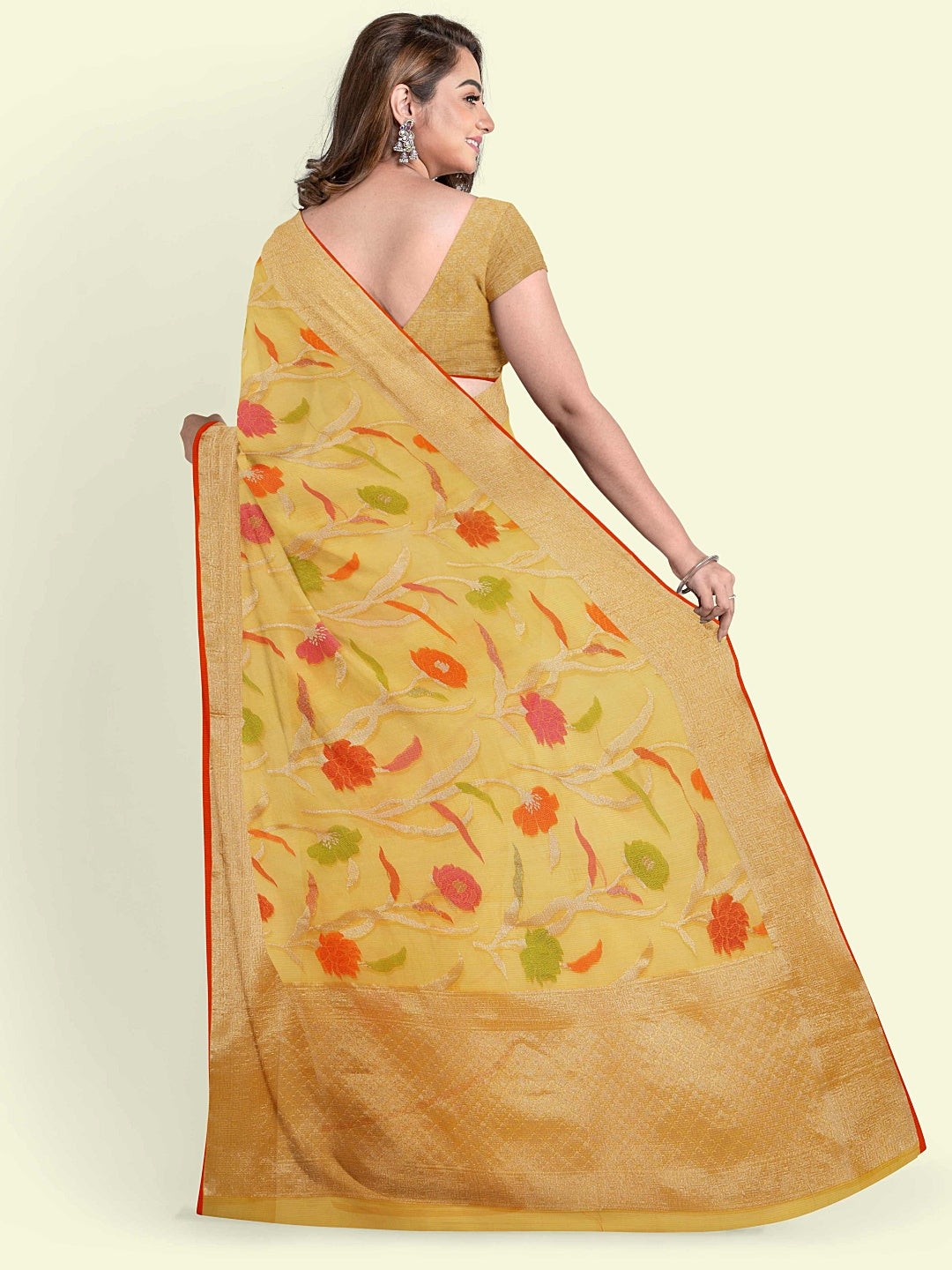 Faishana Presents Yellow Green Cotton Floral Booti Yellow Border With Yellow Blouse Banarasi Saree
