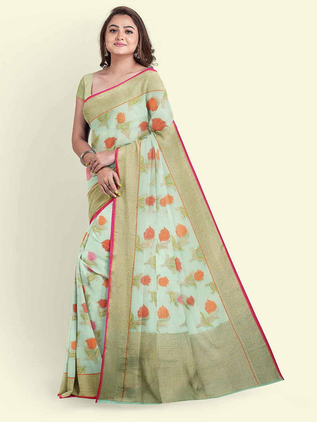 Faishana Presents Sea Green Cotton Floral Booti Beige Border With Sea Green Blouse Banarasi Saree