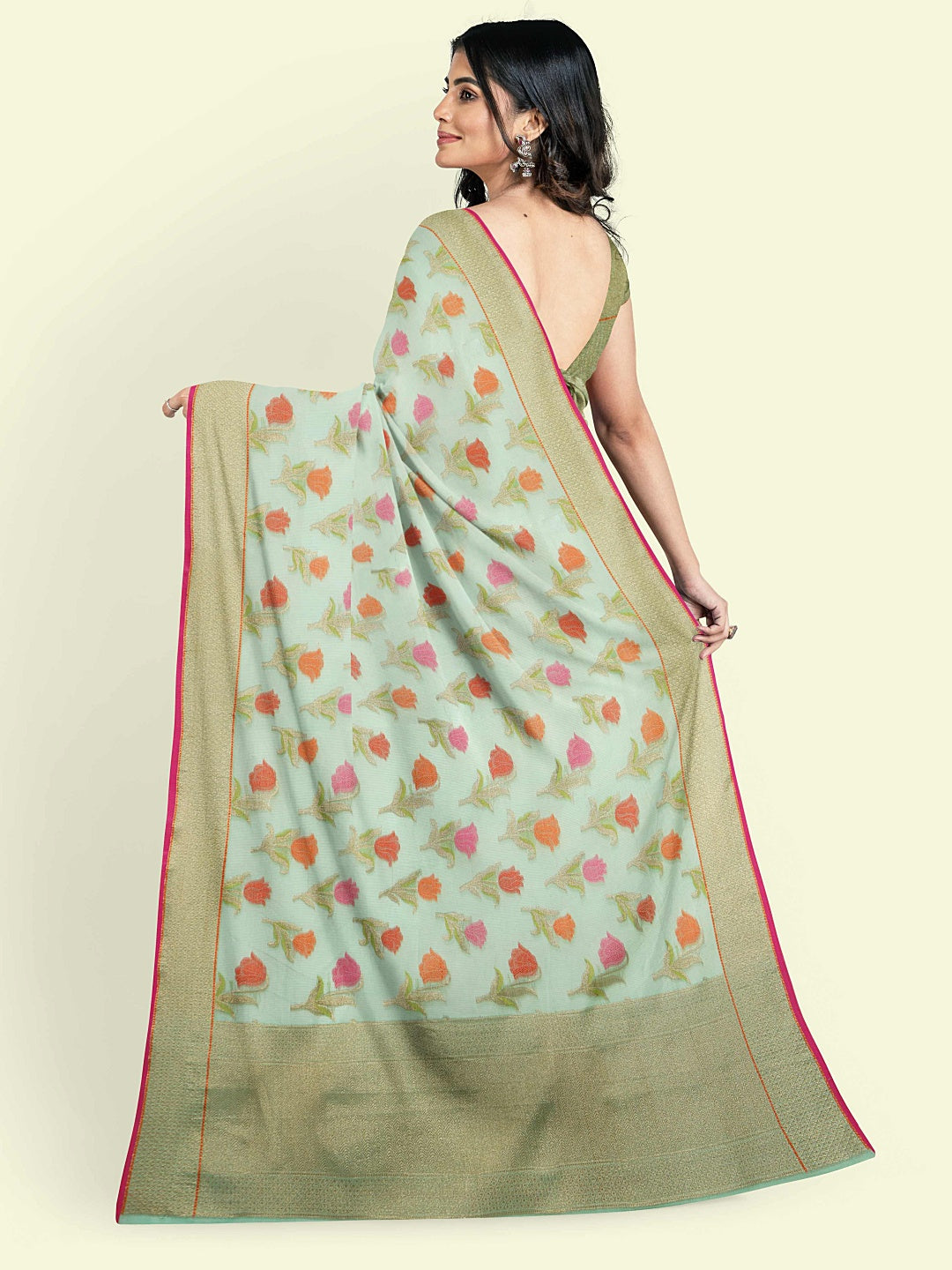 Faishana Presents Sea Green Cotton Floral Booti Beige Border With Sea Green Blouse Banarasi Saree