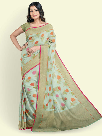 Faishana Presents Sea Green Cotton Floral Booti Beige Border With Sea Green Blouse Banarasi Saree