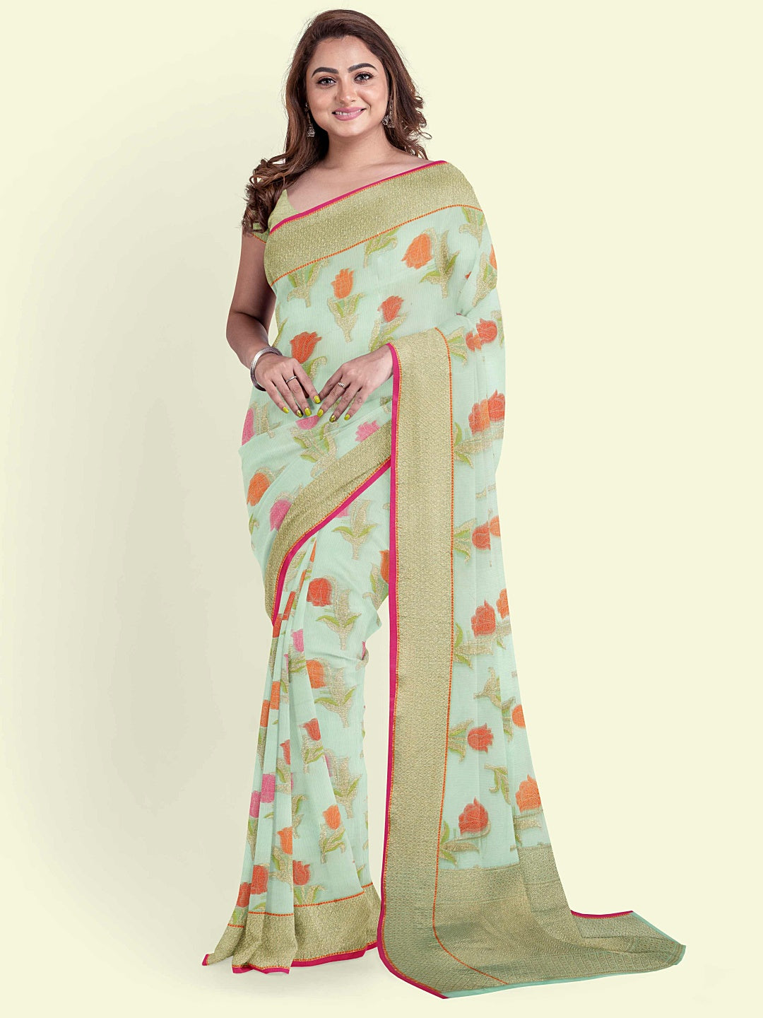 Faishana Presents Sea Green Cotton Floral Booti Beige Border With Sea Green Blouse Banarasi Saree