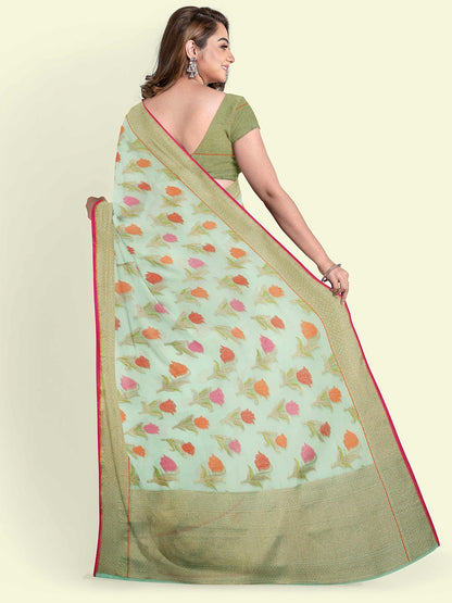 Faishana Presents Sea Green Cotton Floral Booti Beige Border With Sea Green Blouse Banarasi Saree