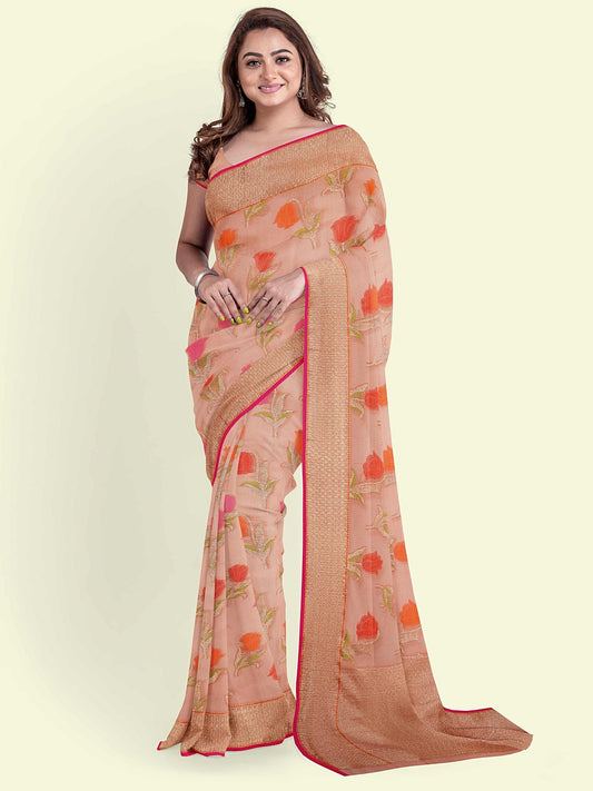 Faishana Presents Pink Cotton Floral Booti Beige Border With Pink Blouse Banarasi Saree