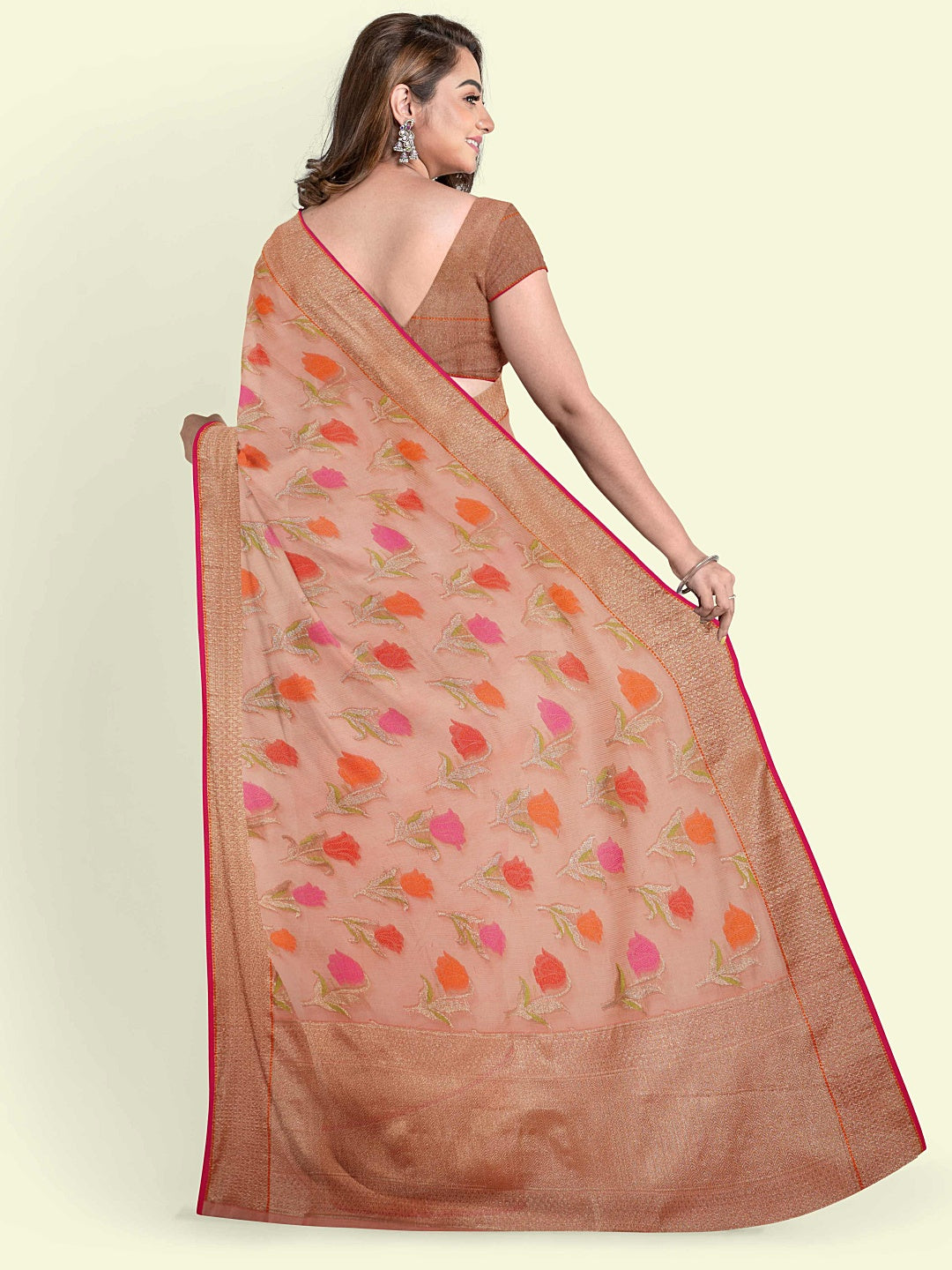 Faishana Presents Pink Cotton Floral Booti Beige Border With Pink Blouse Banarasi Saree