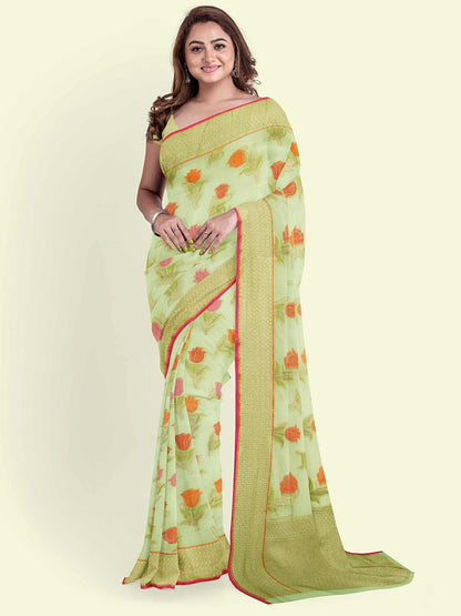 Faishana Presents Green Cotton Floral Booti Beige Border With Green Blouse Banarasi Saree