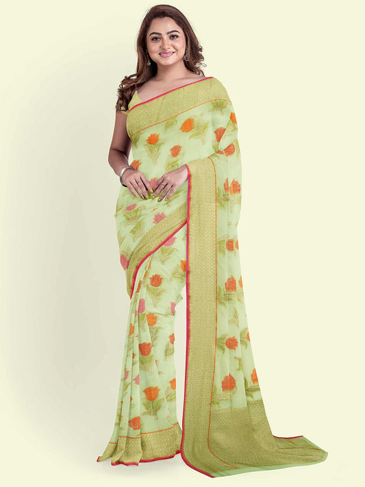 Faishana Presents Green Cotton Floral Booti Beige Border With Green Blouse Banarasi Saree