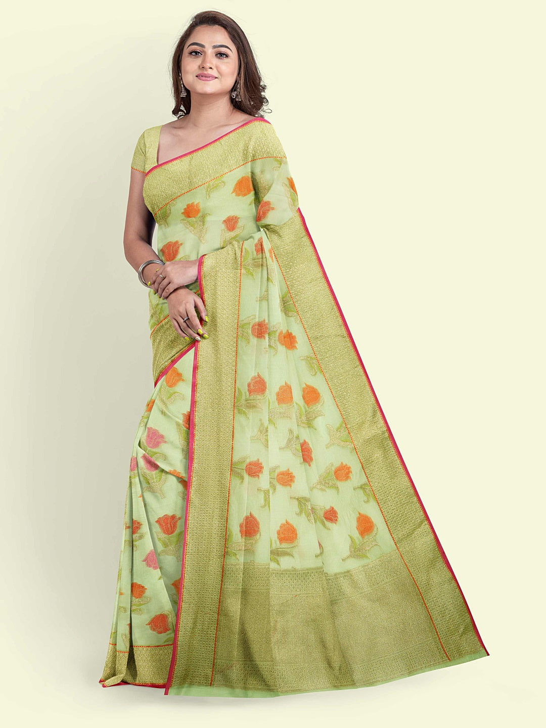 Faishana Presents Green Cotton Floral Booti Beige Border With Green Blouse Banarasi Saree