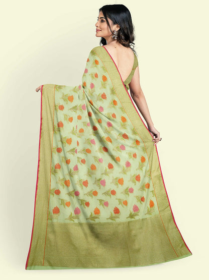 Faishana Presents Green Cotton Floral Booti Beige Border With Green Blouse Banarasi Saree