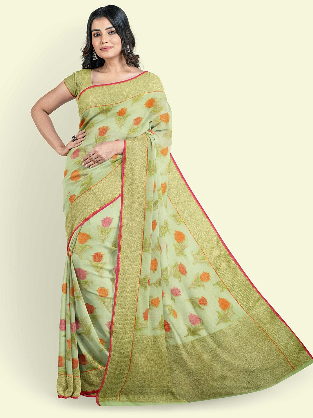 Faishana Presents Green Cotton Floral Booti Beige Border With Green Blouse Banarasi Saree
