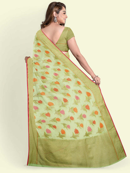 Faishana Presents Green Cotton Floral Booti Beige Border With Green Blouse Banarasi Saree