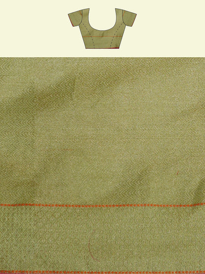 Faishana Presents Green Cotton Floral Booti Beige Border With Green Blouse Banarasi Saree