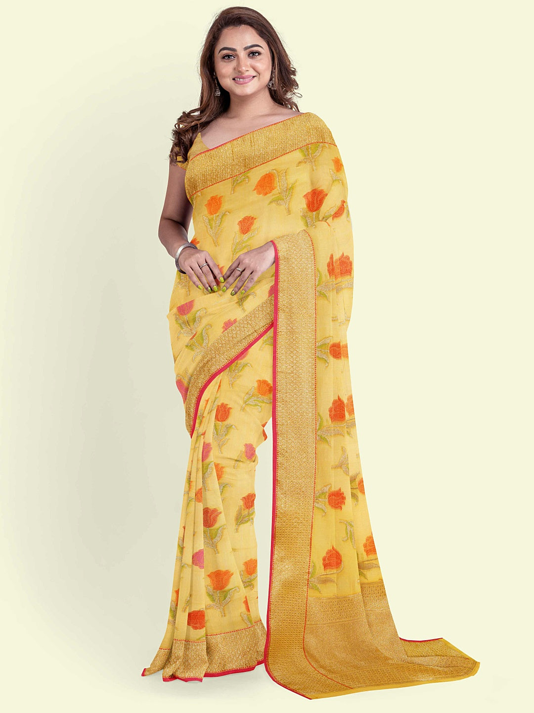 Faishana Presents Yellow Cotton Floral Booti Yellow Border With Yellow Blouse Banarasi Saree