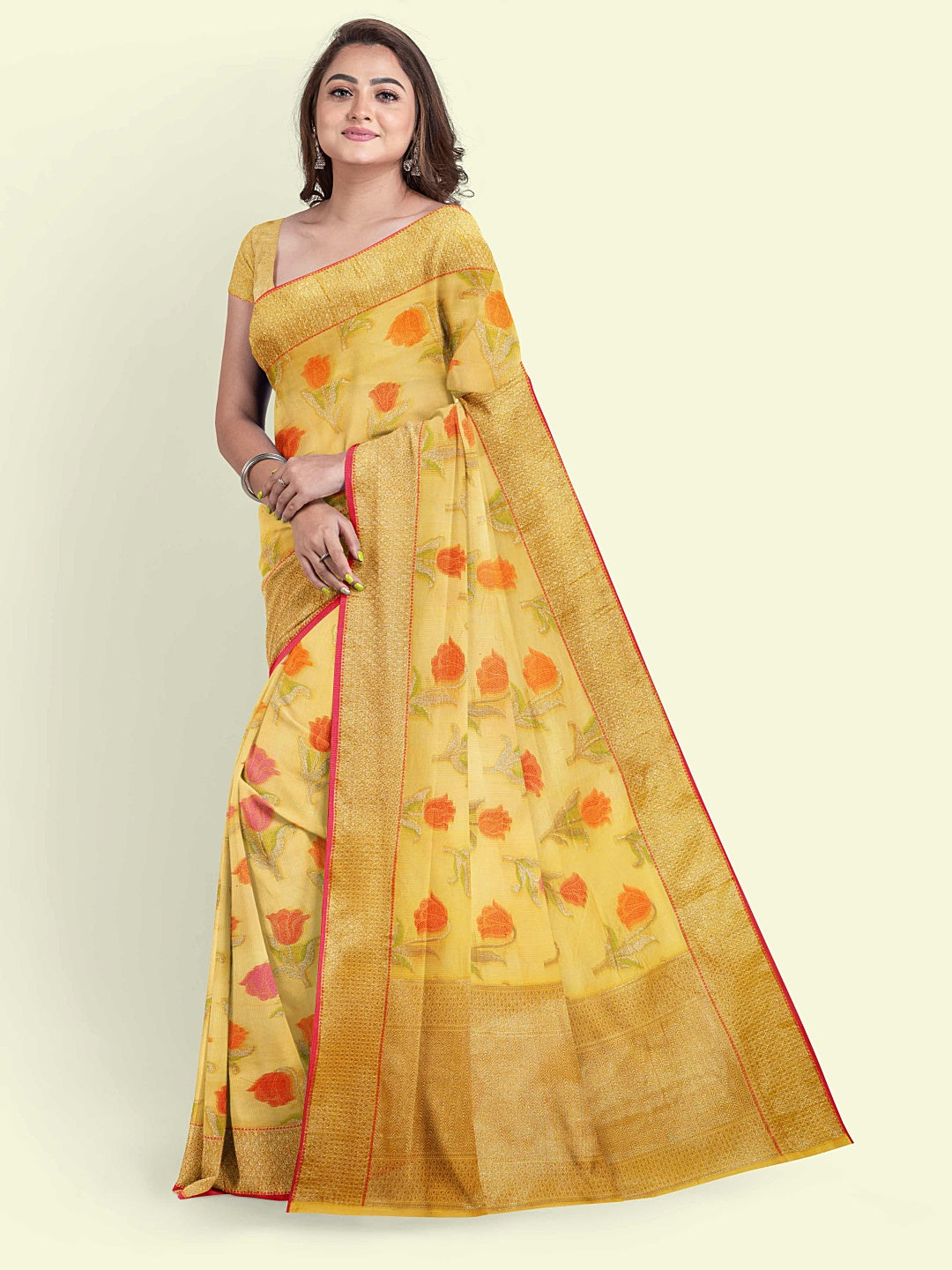 Faishana Presents Yellow Cotton Floral Booti Yellow Border With Yellow Blouse Banarasi Saree