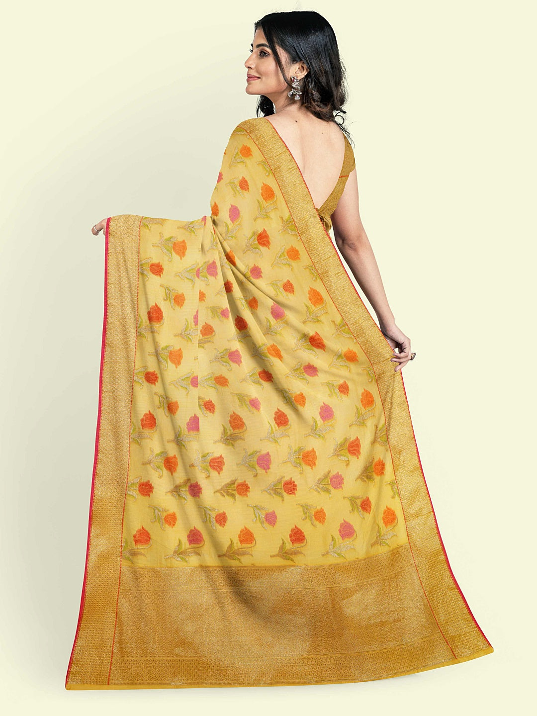 Faishana Presents Yellow Cotton Floral Booti Yellow Border With Yellow Blouse Banarasi Saree